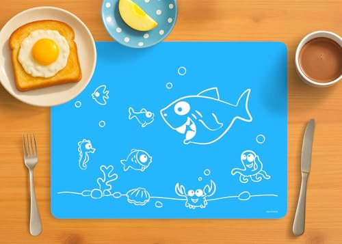 Dinomio Tischmatte, Platzdeckchen für Schule, Platzset, Kleckermatte, Bastelmatte aus Silikon für Kinder, Platzmatte blau Fische - rutschfest & abwischbar, 40 x 30 cm