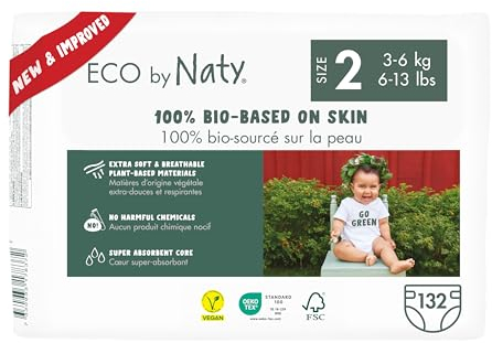 Eco by Naty Baby Öko Windeln - umweltfreundliche Premium-Bio Windeln aus pflanzenbasierten Materialien, ideal für empfindliche Babyhaut (Größe 2 - 132 Stück) - MONATSBOX