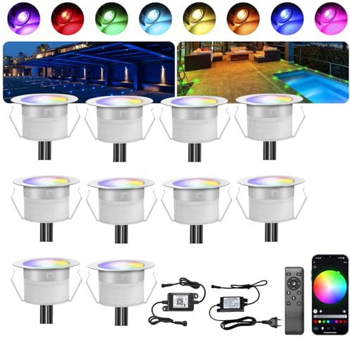 INDARUN bodeneinbaustrahler aussen 12v - WiFi RGBW (RGB + Warmweiß) led einbaustrahler außen Wasserdicht IP67 Ø61mm einbauleuchten spot für Terrasse, Patio, Weg