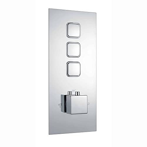 ENKI, Spello, TSV017, Thermostatic Concealed Shower Valve with Push Buttons, Triple Square Taps with Three Outlets, Modern Shower Valve, Chrome