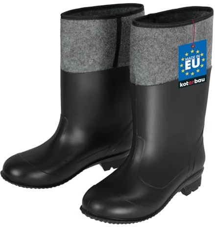 KOTARBAU® Botas de Agua con Fieltro, Talla 43 EU, Unisex, Botas de Goma, Impermeables, Botas de Lluvia, Negro + Gris, Zapatos de Trabajo, de Campo, Fuerte Agarre de Suela