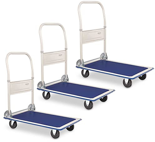 Set de 3 Chariots Plateformes Stagecaptain - Pliables, Surface Caoutchouc, Protection Bord gommée, poignée Pliable 90° avec Commande au Pied, 4 Roues, Charge Max 150 kg.