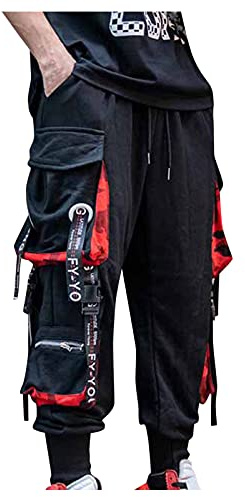 Xmiral Herren Hip Hop Hose Mit Weitem Bein Hose Mit Geradem Bein Multi-Tasche Cargohose Haremshosen (01 Schwarz, M)