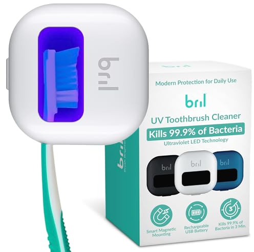 Bril UV-C Toothbrush Cleaner and Holder – Wall Mounted Toothbrush Head Cover, Electric & Manual Brush Cleaner Cover Case with Magnetic Mount, Portable, Durable, Rechargeable, Universal Fit – White