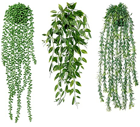 3 Stück Künstliche Hängepflanzen Eukalyptus Blätter mit Töpfen 60cm Lang | Wartungsfreie Künstliche Sukkulente Pflanzen für Hausgarten Indoor Outdoor Decor (Sukkulenten)