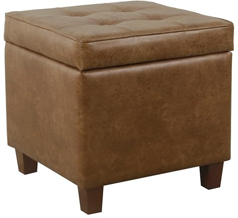 HomePop Square Tufted Storage Ottoman - Distressed Brown Faux Leather Small