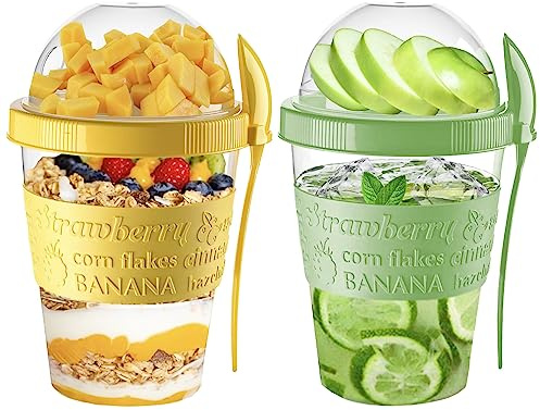 vingardium leviosa Yogurt Pots Reusable 20 Oz Overnight Oats Container with Lid & Spoon BPA free Breakfast Pots to GO Cereal On the Go Dishwasher Safe Lunch Oatmeal Jars (Set of 2 (Green, Yellow))