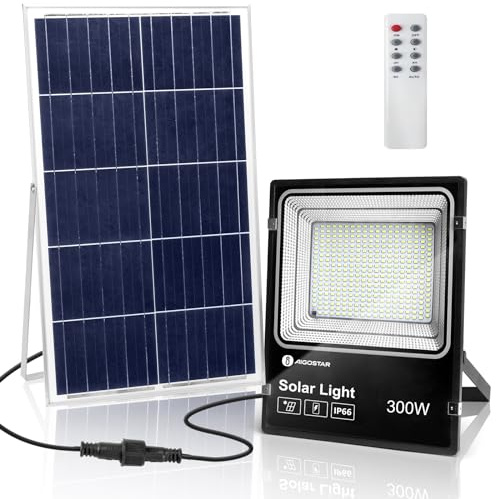 Aigostar - Foco proyector LED solar con mando a distancia，300W，6500K luz blanca.Resistente al agua IP66.Perfectos para interior y exterior jardín，patios，caminos o garajes，Longitud de cable 2M.