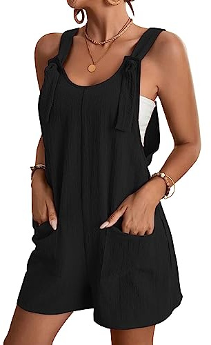 KOEMCY Latzhose Damen Kurz Jumpsuit Sommer Ärmellos Overalls Quadratischer Kragen Romper Playsuit High Waist Shortalls Loose Hosenträger