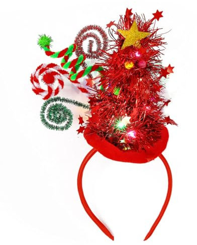 Yean LED-Weihnachtsbaum-Stirnband, leuchtender Stern, Weihnachtsmütze, Haarbänder, leuchtender Weihnachtsmann-Haarreifen, Kopfbedeckung für Weihnachten, Rave-Kostüm, Party-Dekorationen(rot)