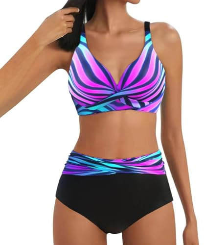 Lazzboy Bikini Damen Set Push Up Zweiteiliger Badeanzug V-Ausschnitt Überkreuztes Streifen Bademode Bauchkontrolle Sets Crossover Bikinioberteil Ruched Bauchweg Große Größen