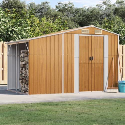SECOLI Gerätehaus mit Schrägdach Metallunterstand Fahrradgarage Metall Unterstand Wetterfest Geräteschuppen Metallgerätehaus 277 x 192.5 x 179 cm Fahrradunterstand Geräteschuppen Hellbraun