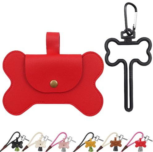Duuclume Hundekotbeutelspender aus Leder zur Befestigung der Leine, freihändige Kotbeutelhalter mit Karabiner-Clip, Kaninchen-Müllbeutelträger für Spaziergänge, Laufen, Fahrradzubehör, Rot