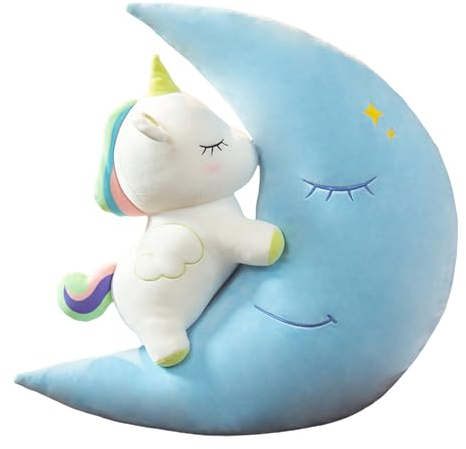 Herfair Kuschelkissen 60cm Mond Einhorn Plüschtier Kissen Flauschig Sofakissen Dekokissen für Mädchen Stofftierkissen zum Kuscheln Kinderzimmer Schlafzimmer Deko (Blau)