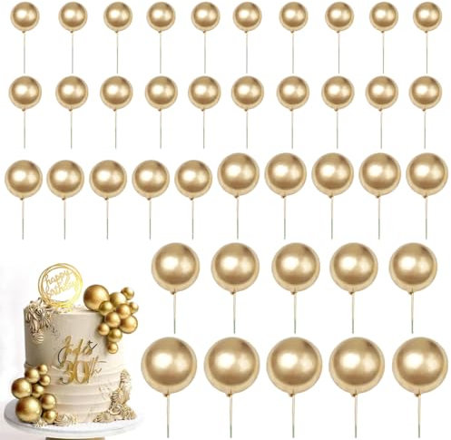 40Pcs Ball Cake Topper Decorations - Golden Cake Picks, Bakeware Decorating Tools, DIY Cake Insert Topper, Foam Ballon Cupcake Topper for Birthday Wedding Christmas Party Baby Shower (Gold)