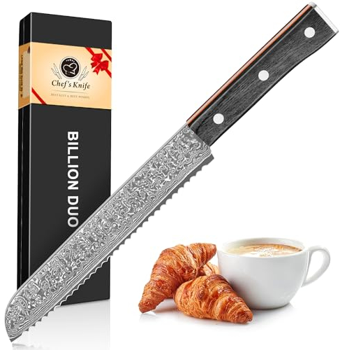 BILLION DUO Damascus Bread Knife with Serrated Edge, Serrated Knife 67 Layer Damascus Steel, 10 Inch Sharp Blade, Kitchen Knives with Ergonomic Handle for Home Kitchen & Restaurant