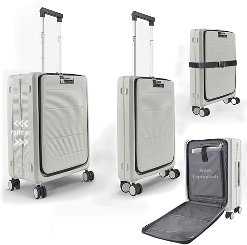IXXMIND Faltbarer Koffer, Handgepäck Koffer & Trolley, Weiss(54x39,5x23cm) Vier 360 Rollen, Hartschalenkoffer Rollkoffer mit Front-Laptopfach,patentiert, platzsparendes verstauen, TSA Schloss