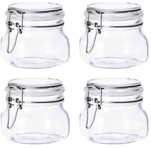 Acan Tradineur - Pack de 4 tarros de Vidrio herméticos Primizie, Incluyen Junta de Goma, Bote, Frasco Multiusos para almacenar conservas, legumbres, Pasta, Galletas - 9,5 x 10,3 cm - 500 ml