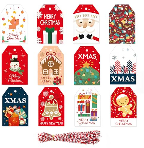Lunaanda Weihnachtsgeschenkanhänger, 48 Stück Weihnachten Kraftpapier Geschenkanhänger mit Schnur für DIY Basteln, Weihnachtsbaum Dekoration, Geschenkverpackung, 12 Designs Weihnachtsanhänger