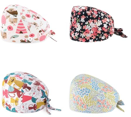LIAOPUFUS 4-teiliger elastischer Turban-Hut geknoteter bedruckter Hut Bunter Baumwoll-Unisex-Hut mit Schweißband und Knopf (MZ18)