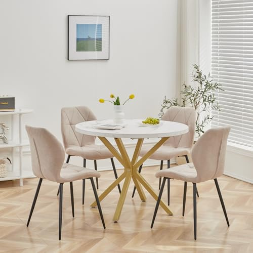 DEYARNA HOME Matsal set runt bord 100 cm och 4 stolar, matbord och stolar för matsal, kök och vardagsrum (vit/guld+kaki)