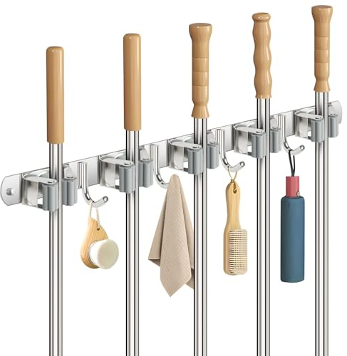 Sampoes Besenhalterung Wand, Besenhalter Edelstahl mit 5 Halter und 4 Haken, Gartengerätehalter Wandhalterung Besen Aufhängung, Besen Mop Halter für Badezimmer, Küche, Garage, Garten, Silber