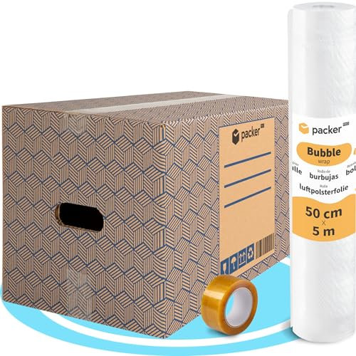 packer PRO Pack 20 Cajas Carton para Mudanzas y Almacenaje Ultra Resistentes con Asas, 50x30x30cm. Rollo Burbuja Embalaje de 50cm Ancho y 5m. Incluye Cinta adhesiva