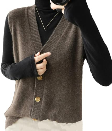 Women's Wool Knitted Vest Cardigan Soloid V-Neck Pullovers Sweater Waistcoat Deep Brown M