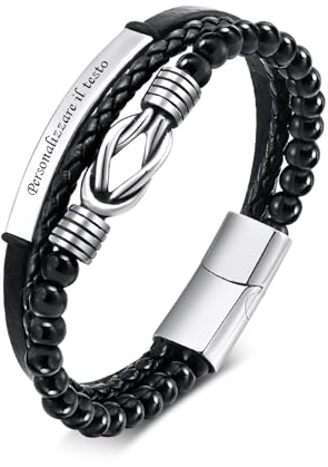 Vnox Bracciali Uomo in Pelle, Acciaio Inossidabile e Pietra Naturale – Set Singolo o 2 Pezzi con Incisione Romantica, Bracciale personalizzabile Regalo San Valentino per Lui, Fidanzato e Marito