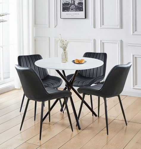 Hallowood Furniture Cullompton Round Narrow Dining Table and Chairs Set 4 | 90cm Small White Table, Faux Marble Top, and Black Bonded Leather Chairs, Home and Cafe Space Saving 5-piece Dining Room Sets