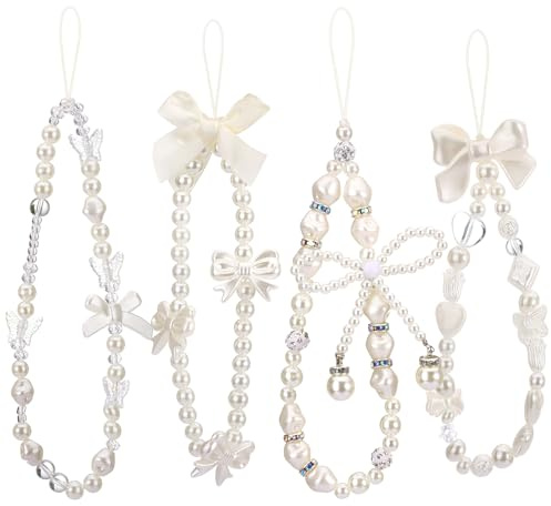 Draupnir 4pcs Phone Charms Strap, Butterfly Bow Camera Strap Wrist Beaded Phone Bracelet Wrist Straps, Pearl Bracelet Lanyard Keychain Charm for Women, White