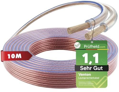 VENTON [Test SEHR GUT, Note 1.1] 10m VOLLKUPFER Lautsprecherkabel 2x2,5 mm², Passiver Subwoofer Kabel, Lautsprecher Audio Kabel, Kupfer Boxenkabel für HiFi Anlage Surround Sound System Auto, 10 m