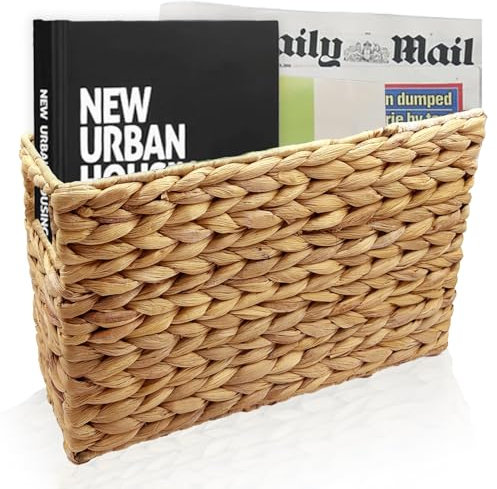 Nexboraque Porte-revues tissé à la main, panier à magazines en jacinthe d'eau, étroit 39,5 x 14,5 x 24 cm, rangement pour salle de bain, bureau