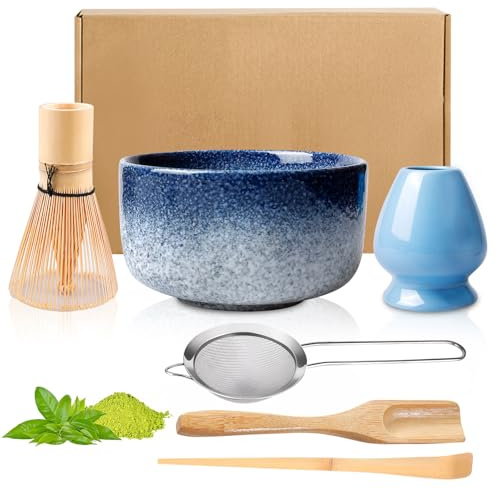 Juego de batidores de matcha, juego de piezas con cuenco para matcha, vertedor y soporte para batidor, para preparación tradicional de té matcha (azul)