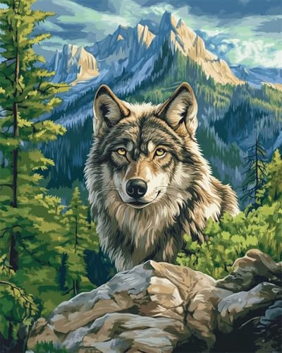 AMBATTERY DIY Teppich Knüpfen Set Erwachsene Cartoon Wald Landschaft Wolf Tier Knüpfteppich Zum Selber Knüpfen Erwachsene Anfänger Knüpfen Set Kissen Knüpfkissen Mit Vordruck Handarbeit Kit 21x29in