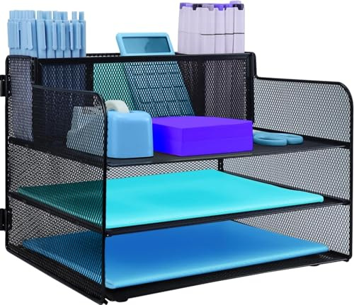 Organizador de Escritorio de 3 Niveles con asa y Soporte para lápices, Organizador de Archivos de Malla extraíble para Escritorio, Bandeja organizadora de Escritorio de Malla, Estante de,Negro