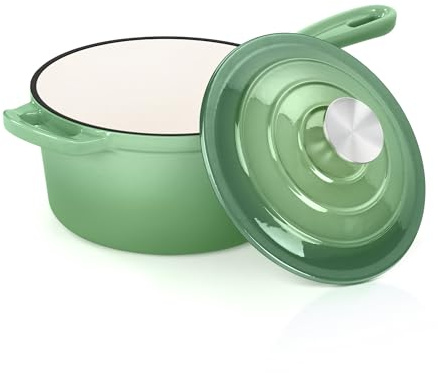 E-far Emaillierte Gusseisen-Saucenpfanne mit Deckel, 1 Quart Dutch Oven Stielkasserolle, Mini-Saucentopf zum Kochen, Kochen, Gesund & Ungiftig, Induktion & Ofenfest, Pistaziengrün
