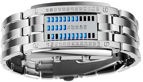 Haofy Herren Binary Watch Premium Quarz Bewegung Blue Backlight LED Digitale Armbanduhr für Outdoor -Partys, Stilvolles Design (Silber Kleiner Größe)