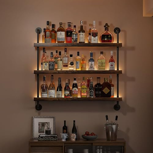 Woskar 3-Tier Wall Mounted Wine Rack with LED,Liquor Bottles Floating Shelves Display Storage Organizer for Home Bar Dining Room Kitchen (23.6 W x 47.2 H)
