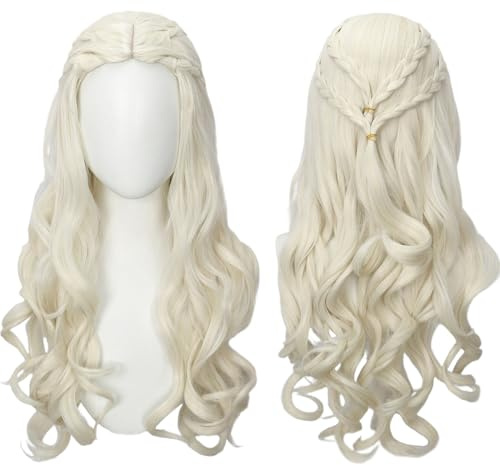 Linfairy Blonda peruker för kvinnor, lång, lockig peruk med vågiga flätor, halloween, cosplay utklädnad
