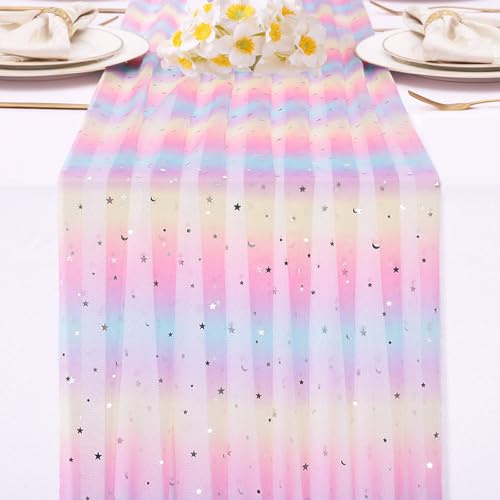 SAJOO 120 Inch Rainbow Unicorn Table Runner 10ft Colorful Sequins Tulle Star Moon Gauze Sheer Table Runners for Easter Holiday Birthday Kid's Party Baby Shower Decoration