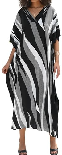 Bsubseach Damstrandkläder, turkisk kaftan, lång strandklänning, caftan, strandklänning, Svartvita ränder, one size