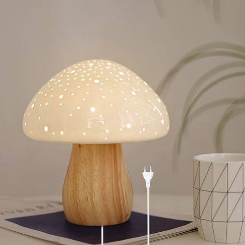 Pilz Lampe mit Kabel, Holz Pilz Tischleuchte mit Keramik Lampenschirm Deko Tischlampe LED Nachttischlampe mit Schalter 3000K Warmes Licht für Wohnzimmer Schlafzimmer Kinderzimmer