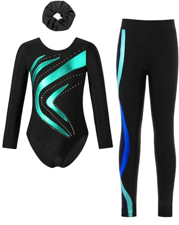Sinleey 3 Teiliges Gymnastikset Langarm Gymnastikanzug Turnanzug mit Hose Leggings und Haarband Sportanzug Tanz Eiskunstlauf C Blau Grün 146-152