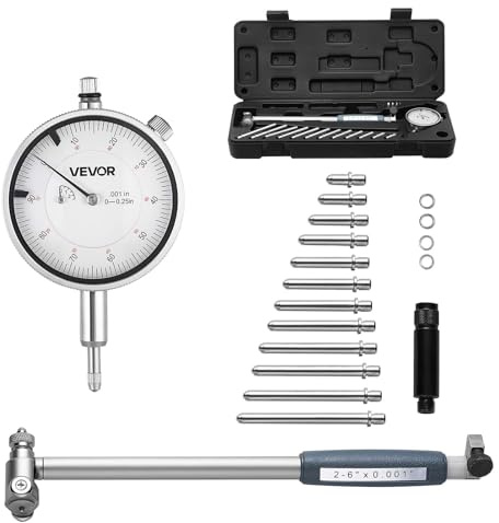 VEVOR Dial Test Indicator and Bore Gauge Measuring Tool Set, Dial Indicator 0.001 inch Accuracy, 2-6 inch Bore Range with Rod, Storage Case, Anvils for Industrial Machining Measurements