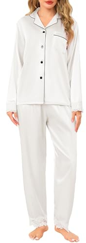 Vlazom Women's Pyjamas Set Satin Pjs Sets Two Piece Silk Pyjamas Elegant Lace Trim Pyjama Button Down Sleepwear Loungewear for All Seasons White,S