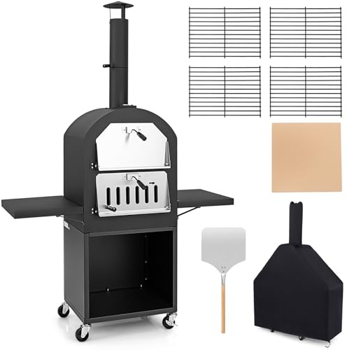 GOPLUS Four à Pizza Extérieur, Chauffe à 350℃ en 5-10Min & Cuisson 2Min, Four a Pizza Bois avec Roulettes, 2 Étagères, 2 Grilles, Pierre 30,5CM, Pelle, Thermomètre, Housse, 116x44x170CM, Camping, BBQ