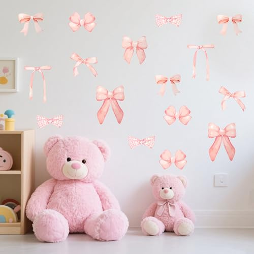 Simaixing 12 Sheets Bow Wall Stickers for Bedroom, Light Bow Wallpaper, Bowknot Pink Peel and Stick Wallpaper for Nursery Living Room Decor, Watercolor Wall Decals, 7.9 x 11.8 Inch (Pink)