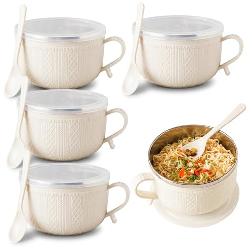 4 st ramen-skål med lock, bärbar snabbnudelskål med handtag och sked soppmuggar för soppa, nudlar, dumplings, sallader