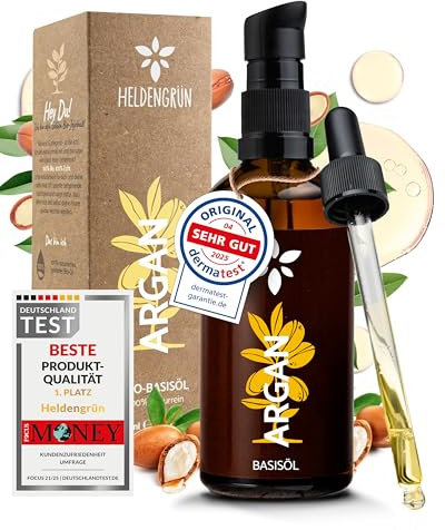 Heldengrün® Arganöl Marokko [100% NATURREIN] Haaröl & Gesichtsöl 100 ml | Für Glanz & gepflegte Spitzen · Schonend kaltgepresst · Mit Pumpe & Pipette · Dermatologisch getestet · Deutsches Startup